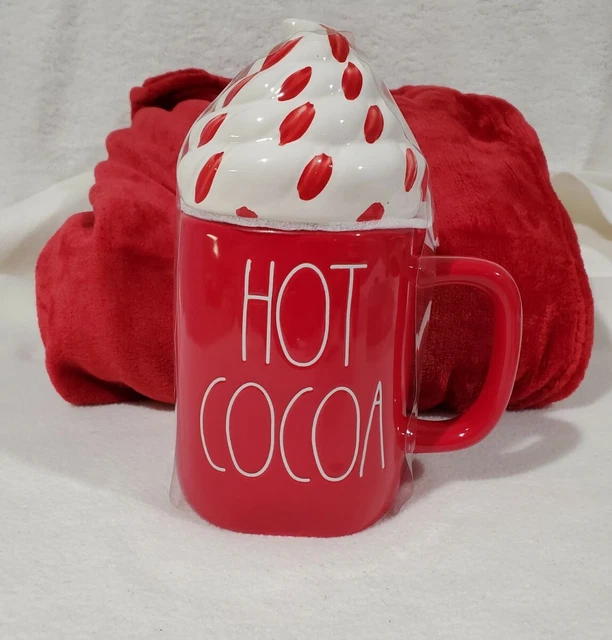 New RAE DUNN Holiday Christmas LL "HOT COCOA" Red Mug with Topper