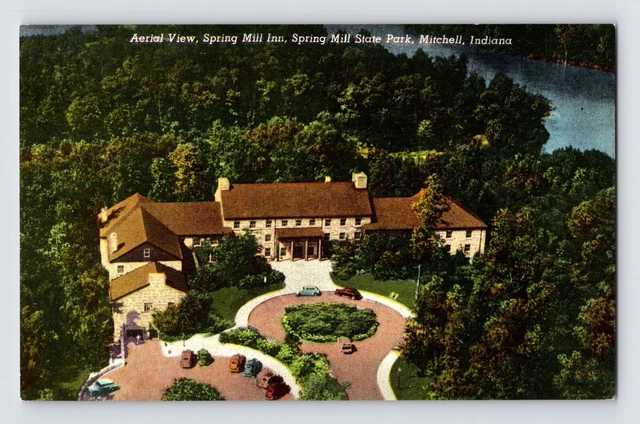 Postcard Indiana Mitchell IN Spring Mill Inn Hotel Park Aerial 1950s Unposted