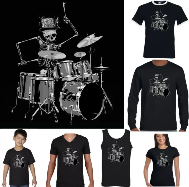 T-shirt SCHELETON DRUMMER da uomo divertente batteria bastoncini teschio batteria rock band kit top