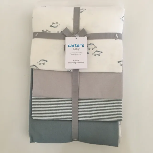 NEW Carters Baby 4 pack Receiving Blankets Dinosaurs Stripes Solid Blue Patterns