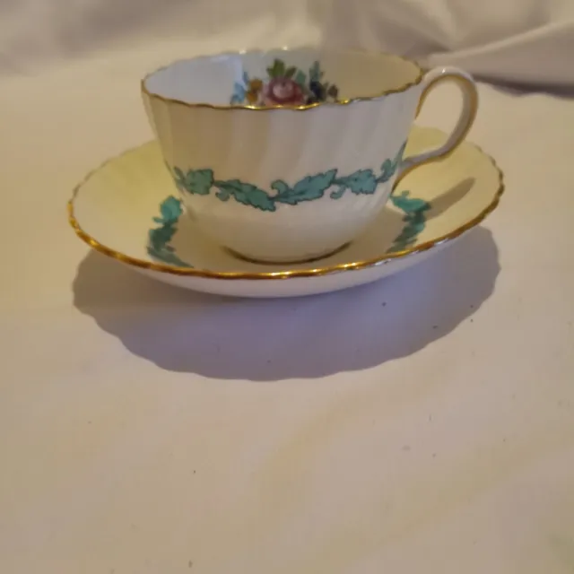 Minton Ardmore S-363 Bone China Tea Cup & Saucer England Ivory Teal Gold Floral