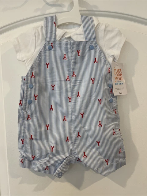 New Carter's Baby Boy Size 6M Blue 2 Pc Set Body White Striped Bib Pants Cotton
