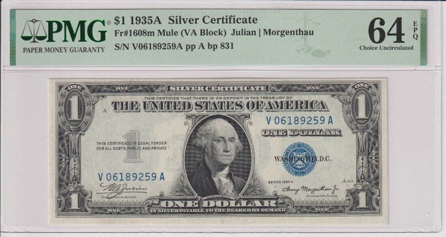 Fr 1608m 1935A MULE $1 SC V06189259A PMG 64EPQ GEM CU 1935-A