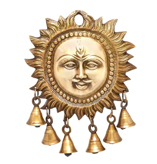 Indiano Tradizionale Ottone Sole Design da Parete Con Campane 14x17.8cm