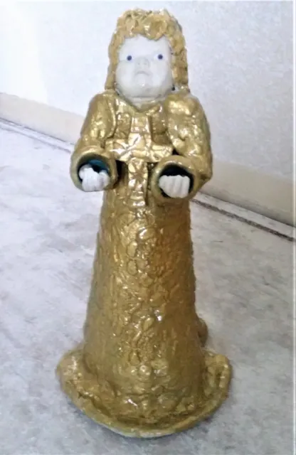 Tall Gold Cherub Angel Child Pottery Statue Figurine w/ Cross Signed by Artist