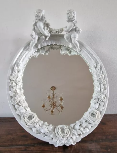 Antique French, Cherubs White Blanc Oval Mirror, Mahogany Poss Meissen Or German