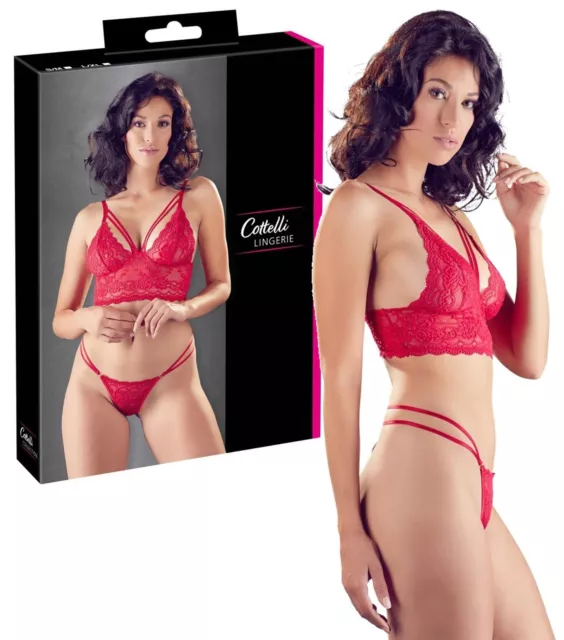 Completo intimo 2 pz donna sexy lingerie in pizzo rosso perizoma e reggiseno hot