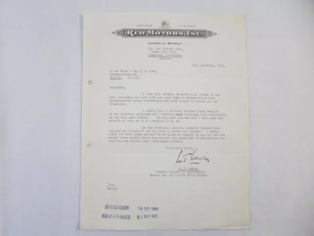 1945 REO Motors Inc Correspondence Letter Letterhead REO Truck Bus Model 19 20