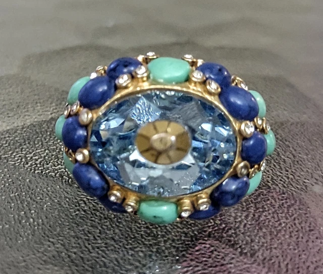 Stella and Dot Vintage Tesserae Ring Adjustable Shank Gold Blue & Turquoise