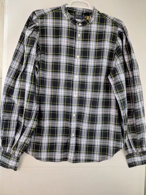 Polo Ralph Lauren Green Plaid Collarless Ruffle Balloon Sleeve Shirt sz 16 NEW