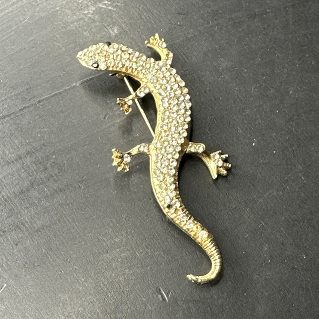 Broche Ancienne Style Art Déco / Nouveau - Lézard En Plaqué Or 18k Avec Strass, Occasion