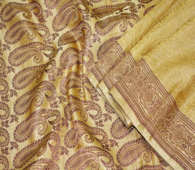Vintage Beige Heavy Saree Pure Satin Silk Woven Banarasi Brocade Indian Sari 5yd