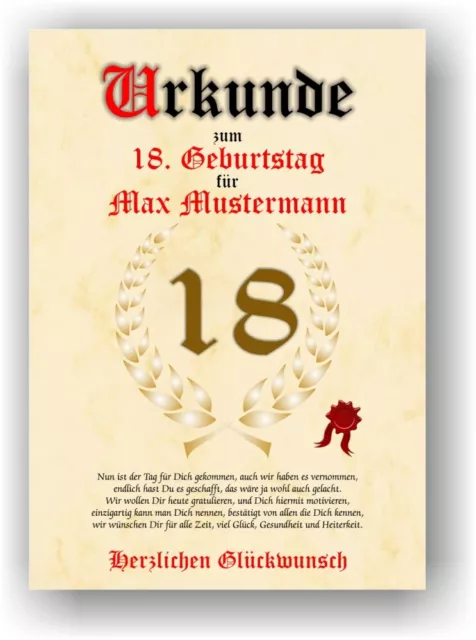 Urkunde Bild Poster Karte Geburtstag Deko mit Name Geschenk 18 20 30 40 50 60 70