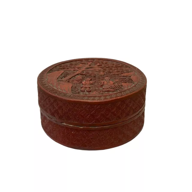 Vintage Chinese Red Resin Lacquer Round Carving Small Accent Box ws3011