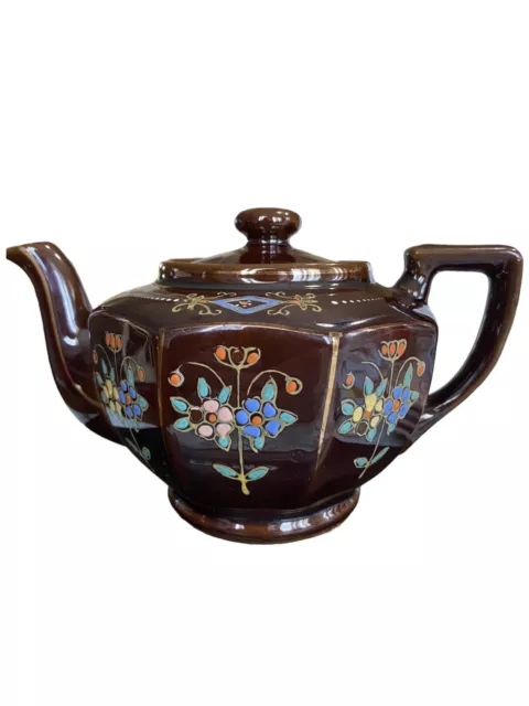 Teapot Ceramic Brown With Floral Glazed Hand Painted Small Japan Vintage