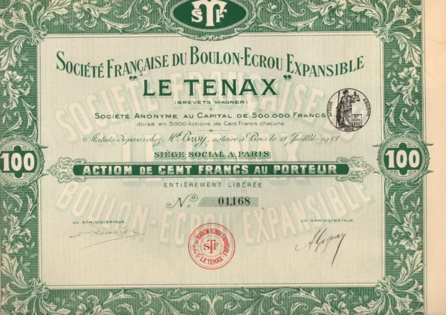 Action Société Française du Boulon-Ecrou Expansible Le TENAX 100 Francs de 1943