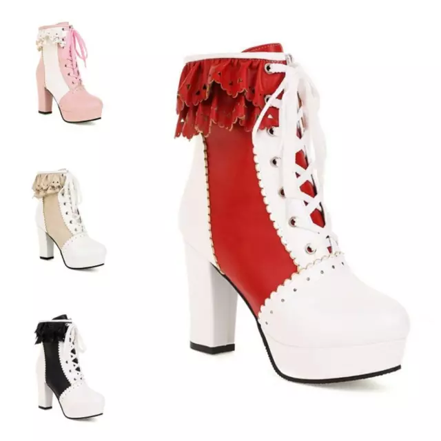Women's Casual High Block Heel Ankle Boots Platform Round Toe Shoes 46 47 48 D