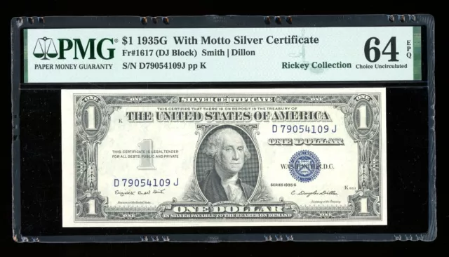 DBR $1 1935-G with MOTTO Silver Fr. 1617 PMG 64 EPQ Serial D79054109J