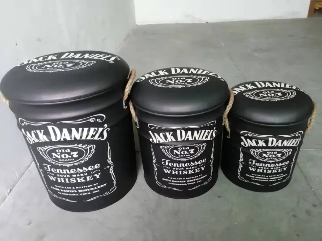 Retro Set of 3 Jack Daniels Storage Stool with Padded Lidded Man Cave Bar