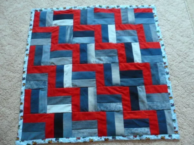 :) NEW Boy Baby Quilt crib blanket 37" square handmade blue jeans denim flannel