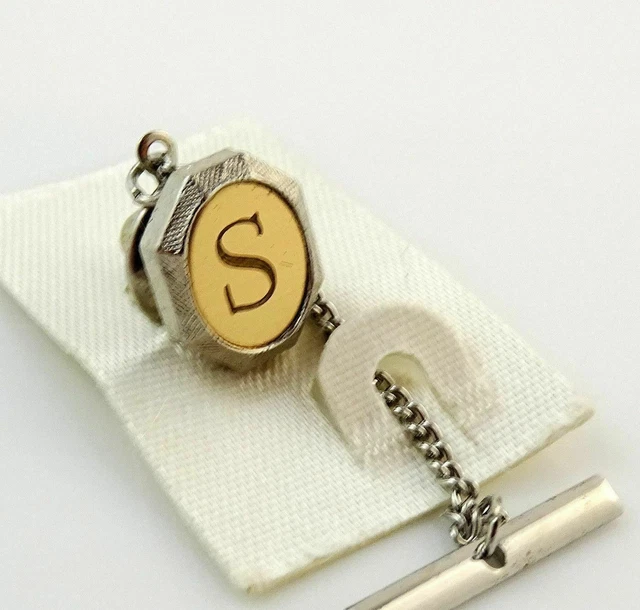 VINTAGE TIE TACK Tac Lapel Pin Letter S Initial Personalized Two Tone