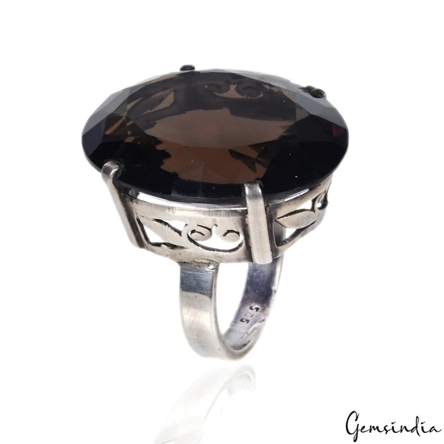 Natural Smoky Quartz Oval Cut Huge Gemstone Ring 925 Sterling Silver Size 8 US