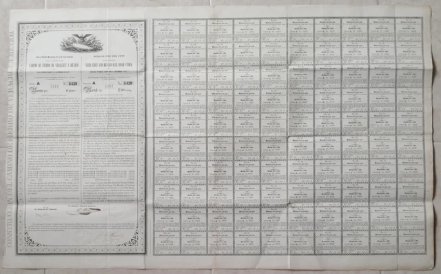 Veracruz and MEXICO railroad stock 1857, oversized + spectacular 5% bond