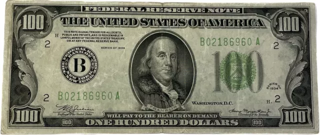 1934-A New York $100 One Hundred Dollar Federal Reserve Note Green Seal Bill