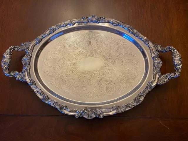 SHEFFIELD SILVER Co. Vtg Oval Silverplate on Copper Heavy Serving Tray - EUC