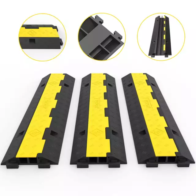 3 Pack 2-Channel Driveway Rubber Traffic Speed Bumps Protective Wire Cord Ramp