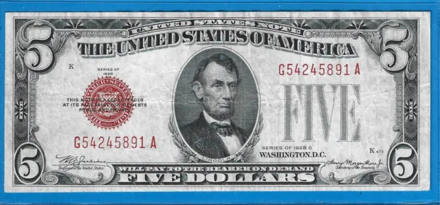 1928 C $5 USN Legal Tender Note,Red Seal,Circ VF,Nice!