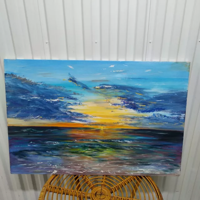 Vintage 24 X 36 Original Abstract Coastal Sunset Painting On Canvas