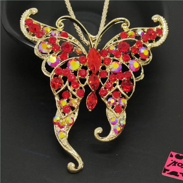 Fashion Women Orange Bling Rhinestone Butterfly Crystal Sweater Chain Necklace