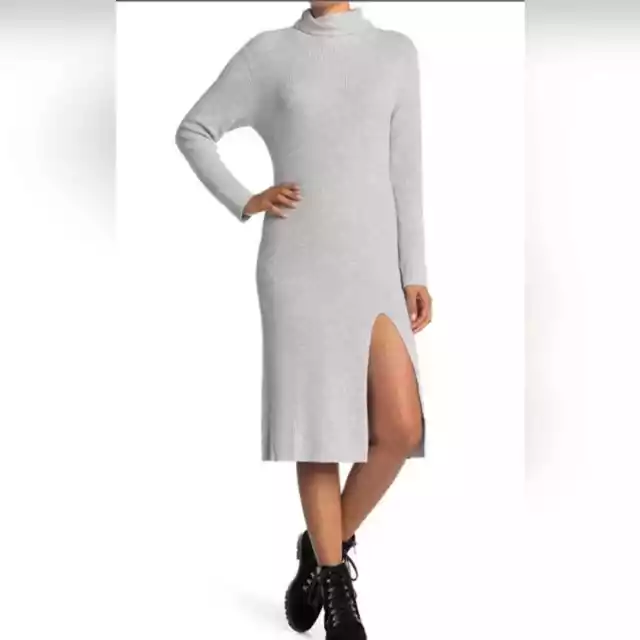 F Abound Womens Gray Mock Neck Midi Ribbed Long Sleeve Slit Sweater Dress NWT XL