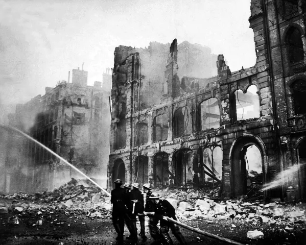 New 8x10 World War II Photo: Firemen at Work in Bomb Damaged Streets of London