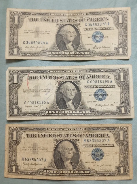 Set Of 3 (1) 1957 (1) 1957A & (1) 1957B One Dollar Blue Seal Silver Certificates