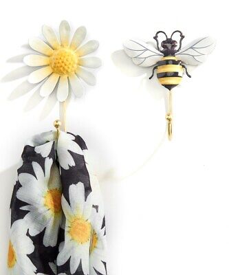 Single Hook Bumble Bee & Daisy Flower Set of 2 Garden Porch Yellow, Black White