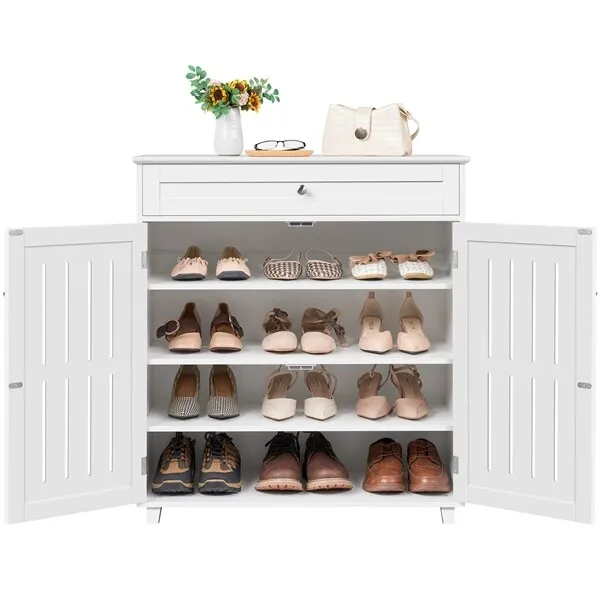 Shoe Storage Cabinet with Drawer & Doors 4-Tier Shoe Rack for Entryway White