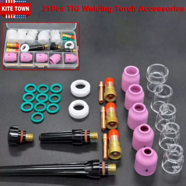 31Pcs TIG Welding Torch Stubby Gas Lens #12 Glass Cup Kit Fits WP-17/18/26