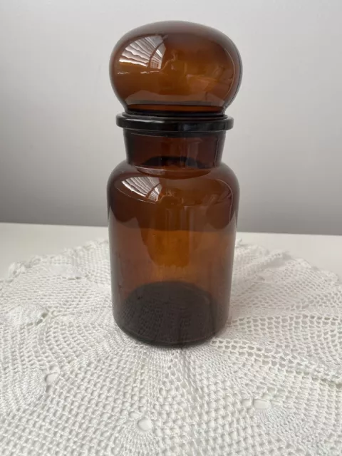 Vintage Amber Glass Apothecary Jar With Bubble Top Lid 8.5" Made in Belgium