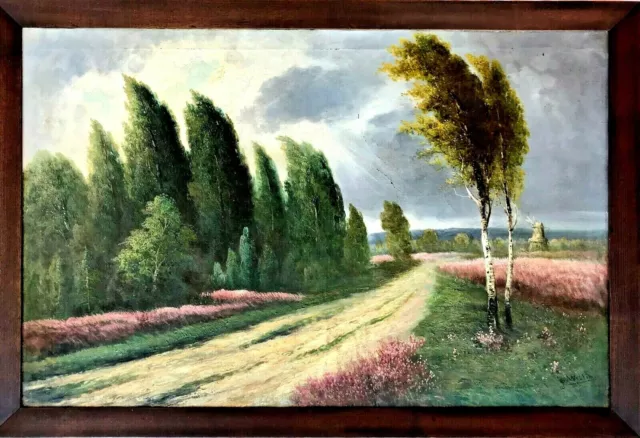Tableau vue sur un chemin bordé d'arbres, huile sur toile signée, époque XIX ème