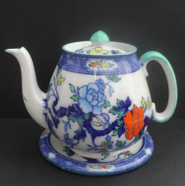 Shelley "Indian Peony" 8707 Tulip shape 1.5 pint capacity lidded tea pot & stand