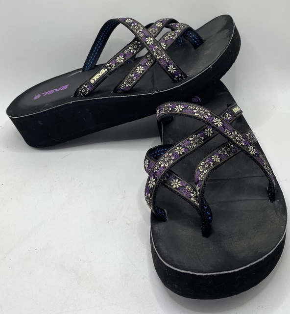 Teva Mandalyn Platform Wedge Flip Flops Sandals Black Purple Floral Women’s 10 C