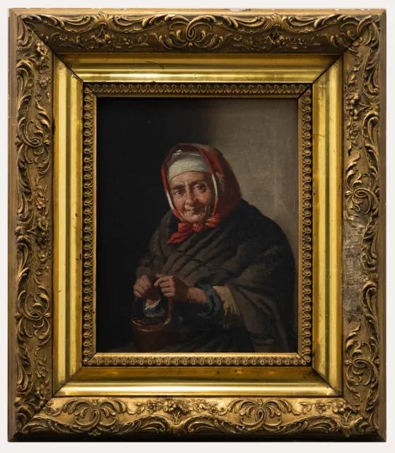 Framed Early 20th Century Oil - Babushka in Red Head Scarf