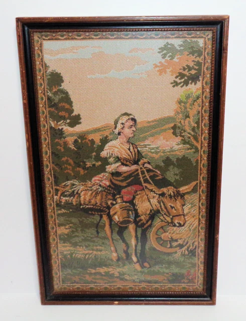 Vintage Italian Framed Tapestry Woman Riding a Mule Donkey Picture Country Scene