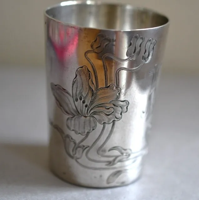 Antique 800 German Silver Judaica  Kiddush Cup, Etched Wine Glass .Monogram 1902