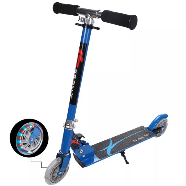 Folding Aluminum 2 Wheel Kids Kick Scooter Adjustable Height LED Light Up Blue