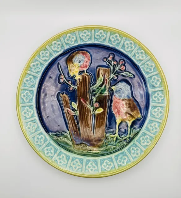 Antique Majolica Earthenware Pottery Plate with Colorful Bird Design