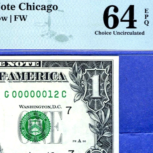 FANCY LOW 2-DIGIT # 00000012 near-BINARY serial number $1 = PMG 64 EPQ / non