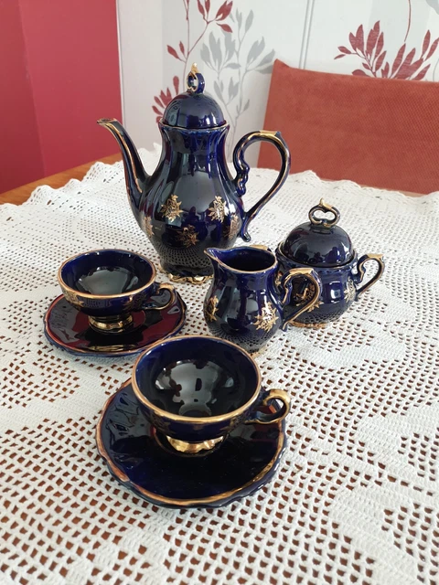 Servizio moka caffè/tè vero cobalto blu cobalto decorazione oro 9 pezzi vecchio